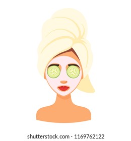 Woman avatar getting spa treatment with mask on face. Healthy lifestyle.