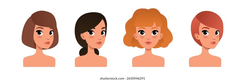 Avatar mulher e cabeça com pescoço conjunto de vetor retrato