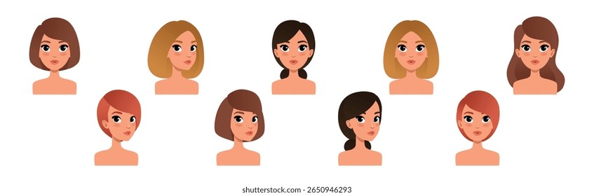 Avatar mulher e cabeça com pescoço conjunto de vetor retrato