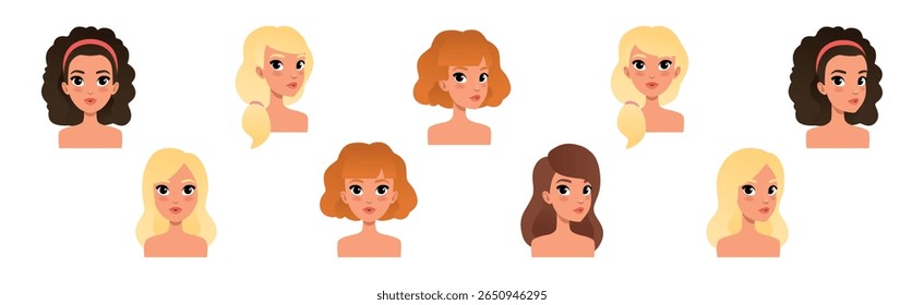 Avatar mulher e cabeça com pescoço conjunto de vetor retrato
