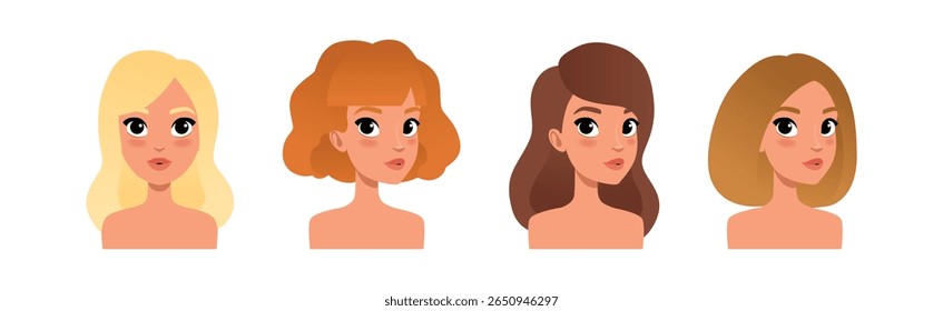Avatar mulher e cabeça com pescoço conjunto de vetor retrato