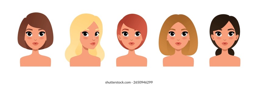 Avatar mulher e cabeça com pescoço conjunto de vetor retrato