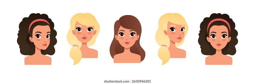 Avatar mulher e cabeça com pescoço conjunto de vetor retrato