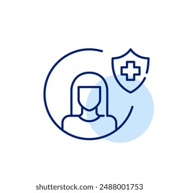 Woman avatar and health insurance shield with cross. Individual medical services coverage. Pixel perfect, editable stroke icon