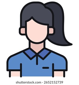 Woman Avatar Icon with Ponytail, Blue Shirt, and Black Outline S
