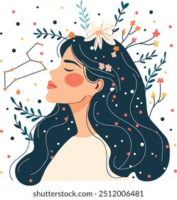 Mulher avatar para Leo sinal com constelação celeste. Caractere astrológico. Astrologia moderna com flora de flores.