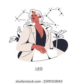 Frau Avatar für Leo Tierkreiszeichen. Mädchen, astrologischer Charakter, Sternenkonstellation. Moderne Astrologie, schöne Mode cool weiblich. Flache Vektorgrafik einzeln auf weißem Hintergrund