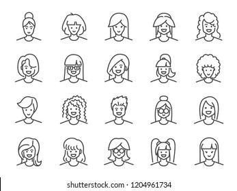 Woman avatar line icon set. Included icons as Female, Girl, Profile, Personal and more.