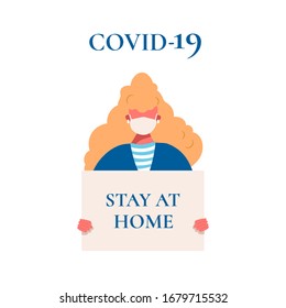 Woman avatar with medical mask on face with placard in hands stay at home quarantine coronavirus infection China covid-19 virus pandemic worldwide. Vector illustration in flat style