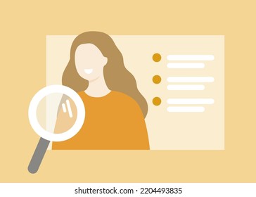 Woman avatar profile photo with personal data information and Magnifier. Company recruitment, identity document, cv, interview application form concept. Flat vector cartoon design illustration.