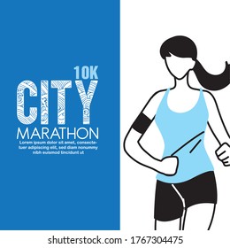 woman avatar running and 10k city marathon design, athlete training and fitness theme Vector illustration