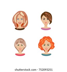 Woman avatar set. Beautiful young girls portrait with different hair style isolated on white background. Vector illustration
