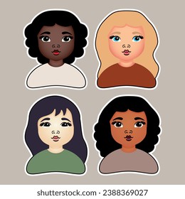 Woman avatar set. Ethnic diversity of women icons. Afro-american, european, asian woman. Vector illustration.