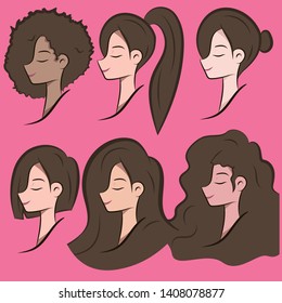 Woman avatar set vector illustration. Beautiful young girls portrait with different hair style isolated on pink background
