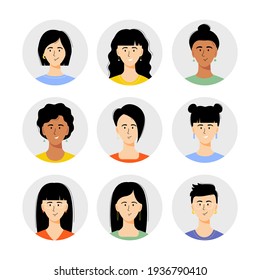 Woman avatar set vector illustration. Beautiful young girls portrait with different hair style isolated on white background.  Different nationalities