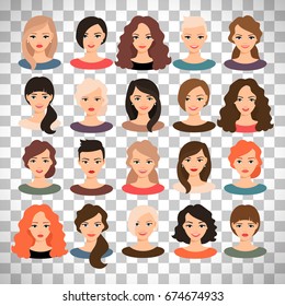 Woman avatar set vector illustration. Beautiful young girls portrait with different hair style isolated on transparent background