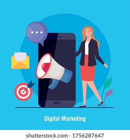 woman avatar with smartphone and icon set design, Digital marketing and ecommerce theme Vector illustration