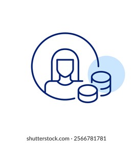 Woman avatar with stacks of coins. Personal account balance. Pixel perfect, editable stroke icon