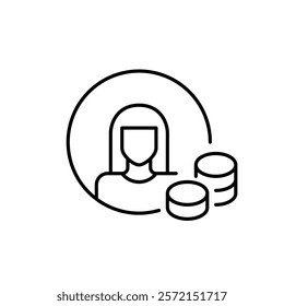 Woman avatar with stacks of coins. Personal account balance. Pixel perfect vector icon