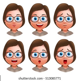 Woman avatar vector character. Set of teenager nerd girl heads with facial expressions wearing eyeglasses isolated in white background. Vector illustration.

