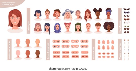 Woman avatars face constructor. Female character kit for creation, construction of different hairstyles, skin, eyes, lips, accessories. Colored flat vector illustration isolated on white background. svg