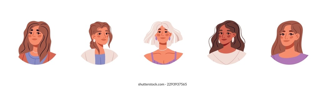 Woman avatars set. Female portrait collection. Set of user profiles. Round icons with happy smiling people. Flat Vector isolated illustration