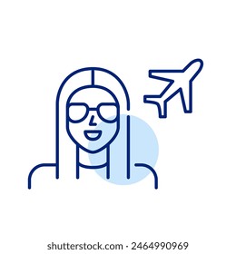 Woman in aviator glasses and airplane symbol. Sky enthusiast or travel blogger. Flight passenger. Pixel perfect icon