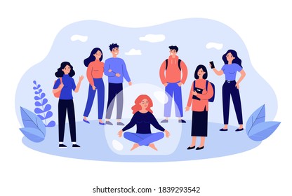Woman avoiding crowd and sitting inside bubble isolated flat vector illustration. Cartoon unsocial person rejecting society and choosing social isolation. Meditation and interaction concept