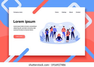 Woman avoiding crowd and sitting inside bubble isolated flat vector illustration. Cartoon unsocial person rejecting society and choosing social isolation or solitude. Meditation and interaction