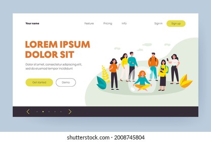Woman avoiding crowd and sitting inside bubble flat vector illustration. Cartoon unsocial person rejecting society and choosing social isolation or solitude. Meditation and interaction concept