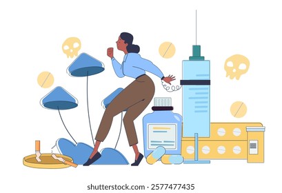 A woman avoiding harmful substances like drugs, cigarettes, and pills. Creative flat design on a white background. Concept of overcoming addiction. Vector illustration