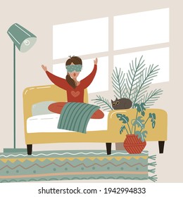 Woman Awake Morning In Comfortable Bed. Young Girl Awake From Healthy Sleep Yawn and Feel Satisfied After Night Dreams In Room House. Flat Cartoon vector Illustration