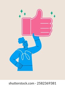 Woman with award thumbs up sign. Like and positive feedback concept. Colorful vector illustration
