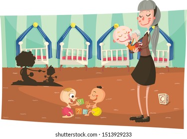 Woman With Babies in Kinder Garden Cartoon Illustration