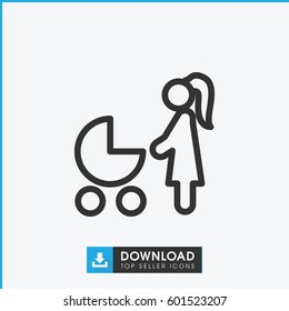 woman with baby carriage icon. simple outline woman with baby carriage vector icon. on white background.