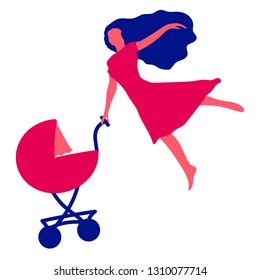 Woman with a baby carriage. Mom is flying, straightened one arm like a wing. The other hand is holding a pram. Vector illustration.