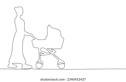 Woman with baby carriage one line continuous vector illustration. Concept of baby and mother banner. Line art, outline hand draw illustration.