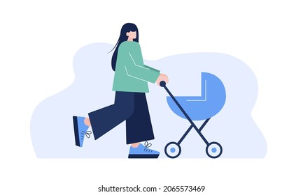Woman with a baby carriage. Vector flat illustration.
