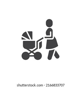 Woman with baby carriage vector icon. filled flat sign for mobile concept and web design. Mother, stroller glyph icon. Symbol, logo illustration. Vector graphics