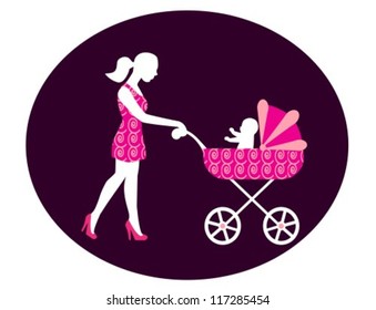 woman with a baby carriage from which the child looks. Stroller and women alike dress decorated