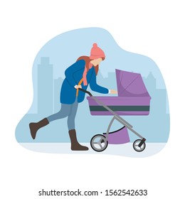 Woman with a baby carriage in winter background. Vector illustration in flat style