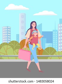 Woman with baby carrier walking down city street or park . Female holding little baby in sling, buildings and skyscrapers on background. Vector illustration in flat cartoon style
