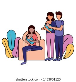 woman with baby and couple newborn feeding pregnancy maternity scene flat vector illustration