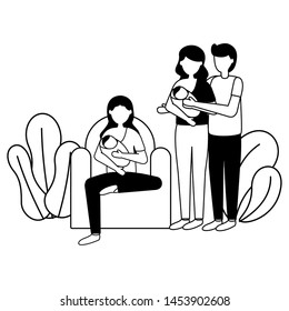 woman with baby and couple newborn feeding pregnancy maternity scene flat vector illustration