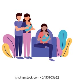 woman with baby and couple newborn feeding pregnancy maternity scene flat vector illustration