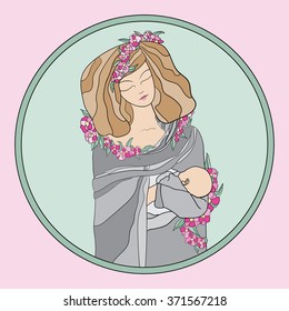 Woman with baby and flowers.