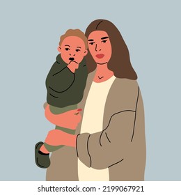 Woman with a baby in her arms. Mother and son. Flat vector illustrations.