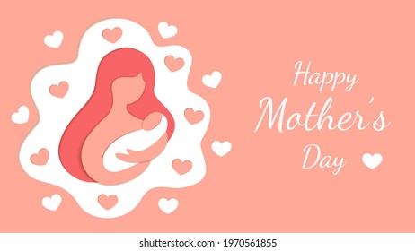 Woman with a baby in her arms, mothers day, cut paper style banner with text. Stock vector illustration. 