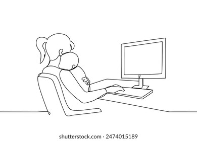 mujer con un bebé en sus brazos se sienta en una computadora y escribe en el teclado con su mano libre una línea de arte Vector. concepto de licencia de maternidad, madre soltera, día de la madre, freelancer con hijo. Hecho a mano