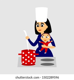 A woman with a baby in her arms stands next to the stove and cooks. Vector color graphic illustration.